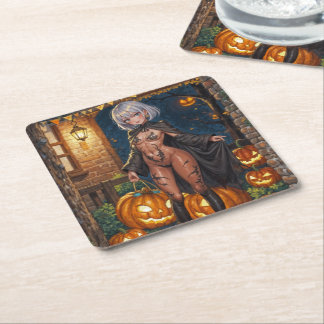 Posavasos Cuadrado De Papel Chica valiente de Halloween Truco o trato Pintura