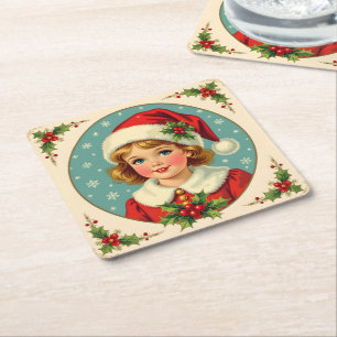 Posavasos Cuadrado De Papel Chica victoriana de Navidad acogedora y linda