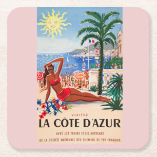 Posavasos Cuadrado De Papel Chica Vintage Cote D'Azur Beach