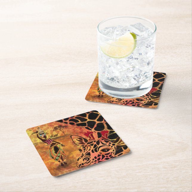 Posavasos Cuadrado De Papel Chica y jirafa africana - Amigos - Dibujo artístic (In situ)