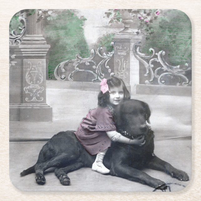 Posavasos Cuadrado De Papel Chica y su perro (Anverso)