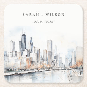 Posavasos Cuadrado De Papel Chicago, Illinois City Scape Watercolor Boda