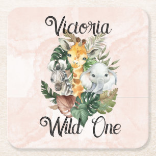 Posavasos Cuadrado De Papel Chicas de animales salvajes de un safari