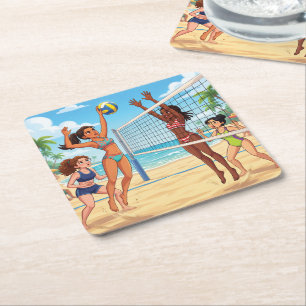 Posavasos Cuadrado De Papel Chicas de dibujos animados jugando voleibol de pla