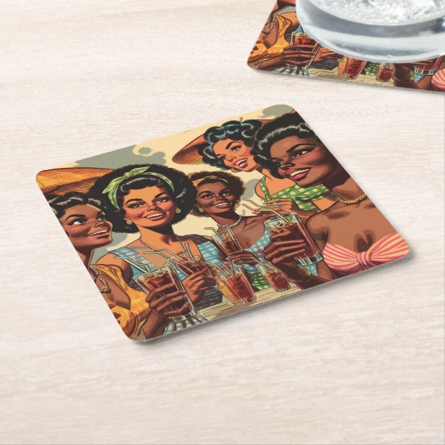 Posavasos Cuadrado De Papel Chicas de fiesta de cóctel retro (En perspectiva)