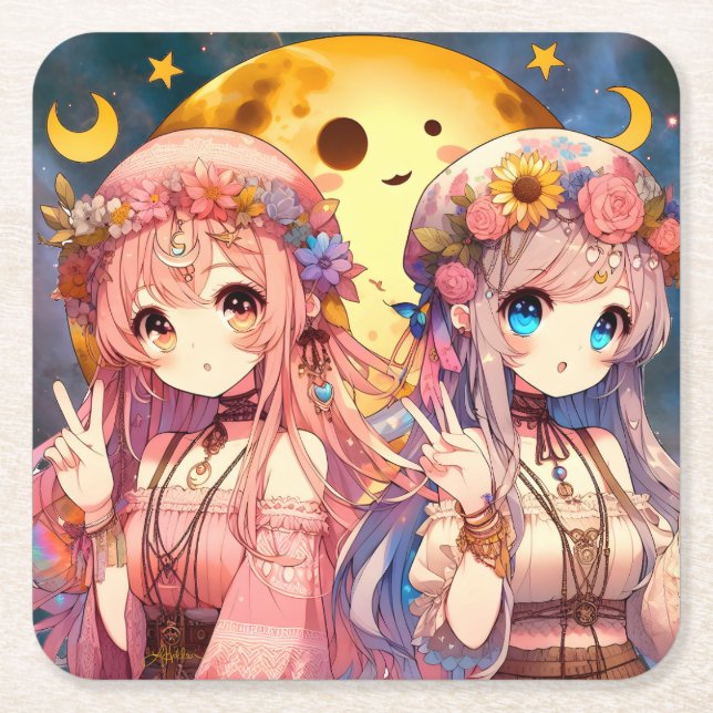 Posavasos Cuadrado De Papel Chicas de la Luna Hippie, Chica anime, dan un sign (Anverso)