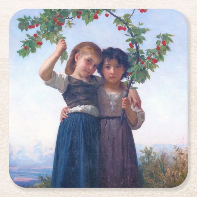 Posavasos Cuadrado De Papel Chicas de la Subdivisión de Cerezos, Bouguereau (Anverso)