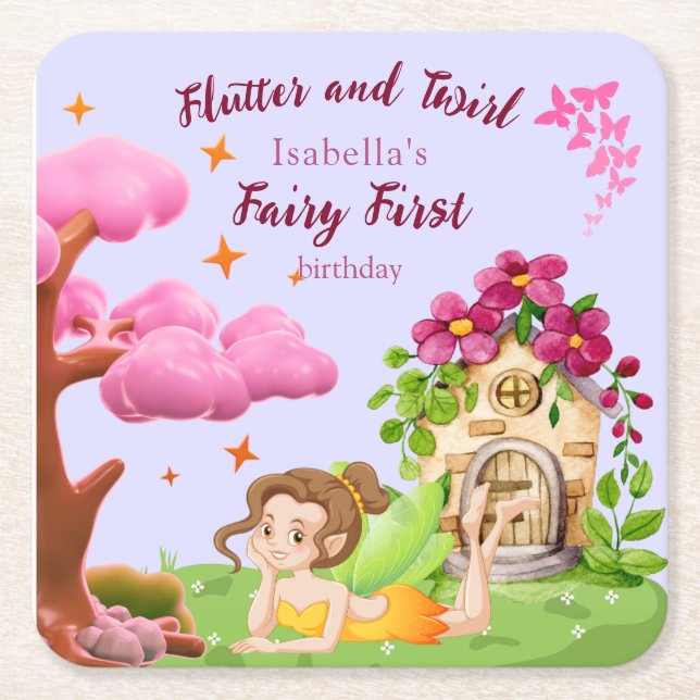 Posavasos Cuadrado De Papel Chicas Fairy First Fairytale Mushroom Butterfly (Anverso)