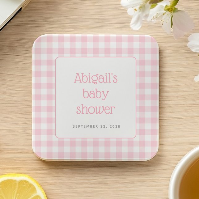 Posavasos Cuadrado De Papel Chicas rusos Rosados Gingham Check Baby Shower (Subido por el creador)