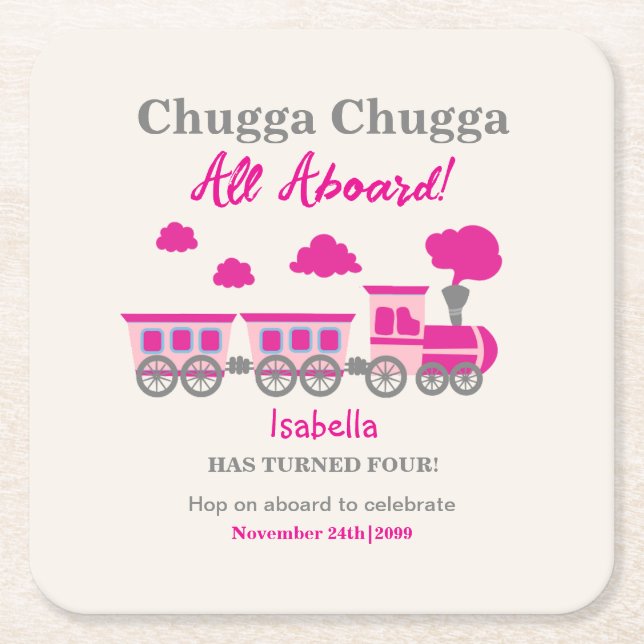 Posavasos Cuadrado De Papel Chicas Tren Rosa Cualquier Fiesta de Cumpleaños de (Anverso)