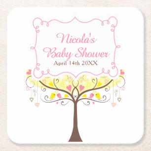 Posavasos Cuadrado De Papel Chico Ducha Bebé Floral Pájaro Rosa Amarillo