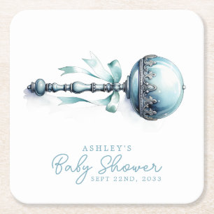Posavasos Cuadrado De Papel Chico Elegante Sonajero Azul Baby Shower