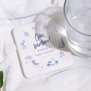 Posavasos Cuadrado De Papel Chico Italiano Ciao Bambino Baby Shower Niño Azul