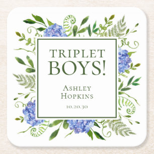 Posavasos Cuadrado De Papel Chicos trillizos Hortensias azules Baby Shower