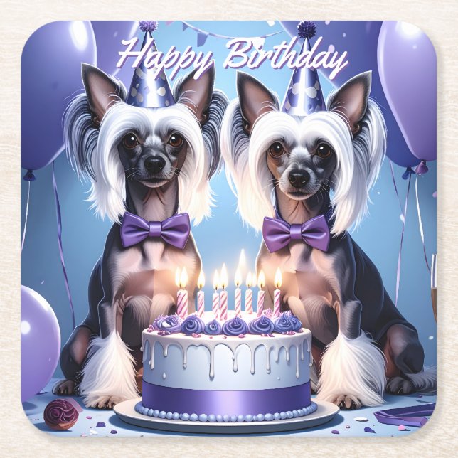 Posavasos Cuadrado De Papel Chinese Crested Birthday (Anverso)