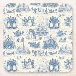 Posavasos Cuadrado De Papel Chinoisería de Toile de Invierno Azul