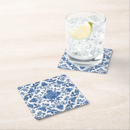 Posavasos Cuadrado De Papel Chinoisería Floral Azul Acuarela Blanca