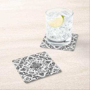 Posavasos Cuadrado De Papel Chinoisería Floral Negro y Blanco Acuarela
