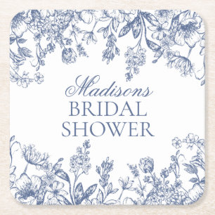 Posavasos Cuadrado De Papel Chinoiserie Azul Vintage Bridal Shower Floral