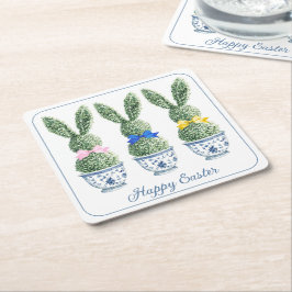 Posavasos Cuadrado De Papel Chinoiserie Azul y Blanco con Topiarias de Conejo