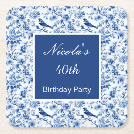 Posavasos Cuadrado De Papel Chinoiserie Blue Birds and Flowers Birthday