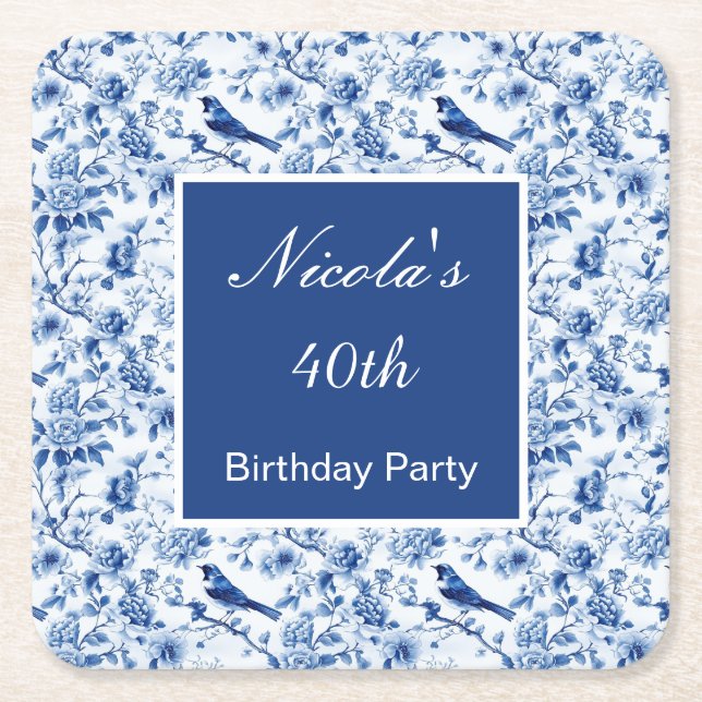 Posavasos Cuadrado De Papel Chinoiserie Blue Birds and Flowers Birthday (Anverso)