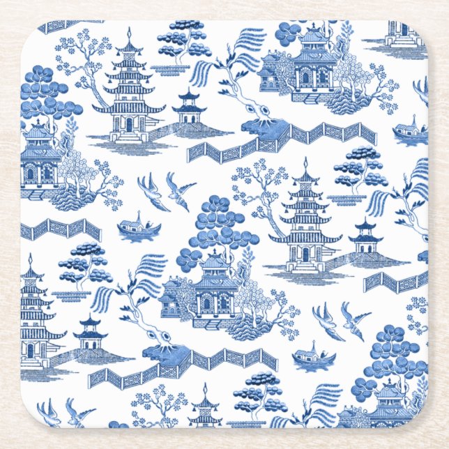 Posavasos Cuadrado De Papel Chinoiserie Blue Willow pattern  (Anverso)