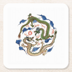 Posavasos Cuadrado De Papel Chinoiserie Familia Verde Dragones Perla Flamígera