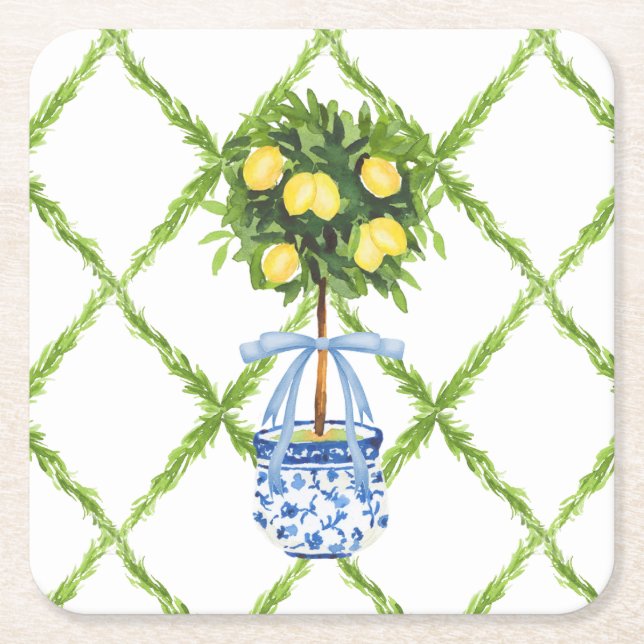 Posavasos Cuadrado De Papel Chinoiserie Lemon Topiary with Blue Bow (Anverso)