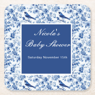 Posavasos Cuadrado De Papel Chinoiserie Pájaros Azules y Flores Baby Shower