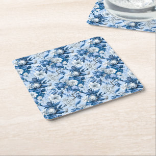 Posavasos Cuadrado De Papel Chinoserie Azul y Blanco Serie Diseño 3