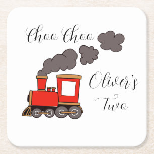 Posavasos Cuadrado De Papel Choo Choo soy cumpleaños de dos trenes rojos