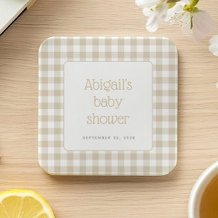 Posavasos Cuadrado De Papel Chorreado de Gingham Beige Celebración de Baby Sho