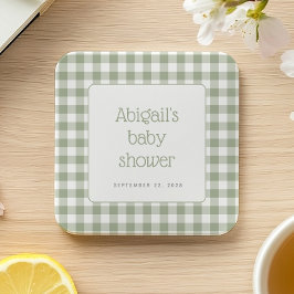 Posavasos Cuadrado De Papel Chorreo de cuadros verdes en baby shower rústico
