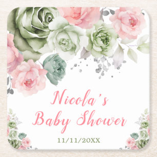 Posavasos Cuadrado De Papel Chorro de bebé floral rosa y verde Salvia