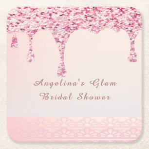 Posavasos Cuadrado De Papel Chorro de Brillo Rosa Glam Elegante para Lluvia de