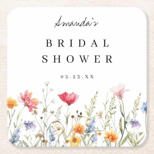 Posavasos Cuadrado De Papel Chorro de novia con acuarela de flores silvestres (Anverso)