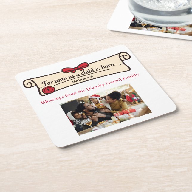Posavasos Cuadrado De Papel Christian Scroll Isaiah 9 6 Religious Custom Photo (En perspectiva)