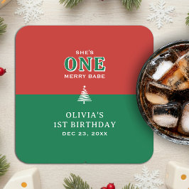 Posavasos Cuadrado De Papel Christmas 1st Birthday Party Festive Red & Green