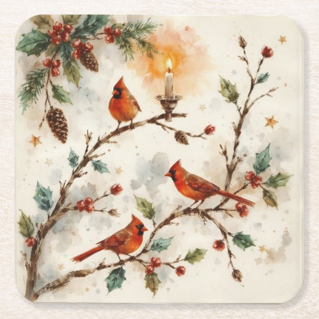 Posavasos Cuadrado De Papel Christmas Cardinals (Anverso)