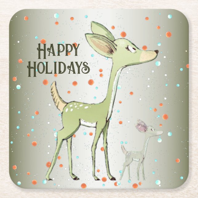 Posavasos Cuadrado De Papel Christmas Celebration Green Deers Holidays Cute (Anverso)