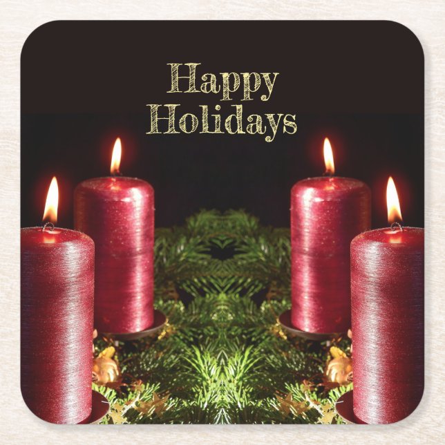 Posavasos Cuadrado De Papel Christmas Celebration Red Candles Green Leaves (Anverso)