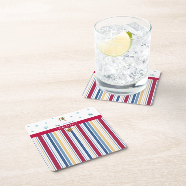 Posavasos Cuadrado De Papel Christmas Coasters – Blue, Red & Gold Stripes (In situ)