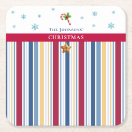 Posavasos Cuadrado De Papel Christmas Coasters – Blue, Red & Gold Stripes