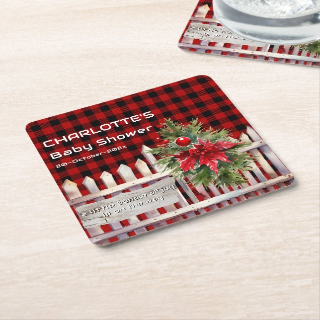 Posavasos Cuadrado De Papel Christmas Fence Buffalo Plaid Baby Shower (En perspectiva)