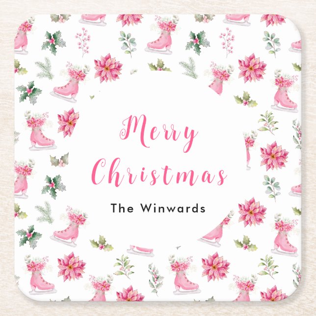 Posavasos Cuadrado De Papel Christmas Floral Pink Ice Skates Merry Christmas (Anverso)