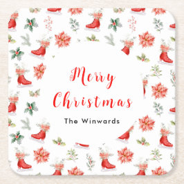 Posavasos Cuadrado De Papel Christmas Floral Red Ice Skates Merry Christmas