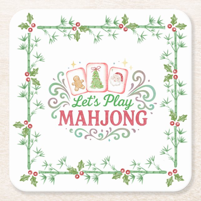 Posavasos Cuadrado De Papel Christmas Mahjong Crest | Monogram (Anverso)