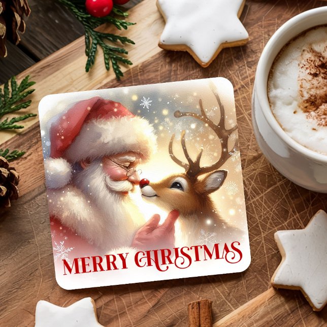 Posavasos Cuadrado De Papel Christmas Paper Coasters Santa Claus and Rudolph (Christmas Paper Coasters with Santa Claus and Rudolph)