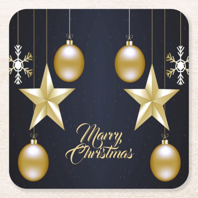 Posavasos Cuadrado De Papel Christmas Party Golden Ornaments Navy Blue (Anverso)